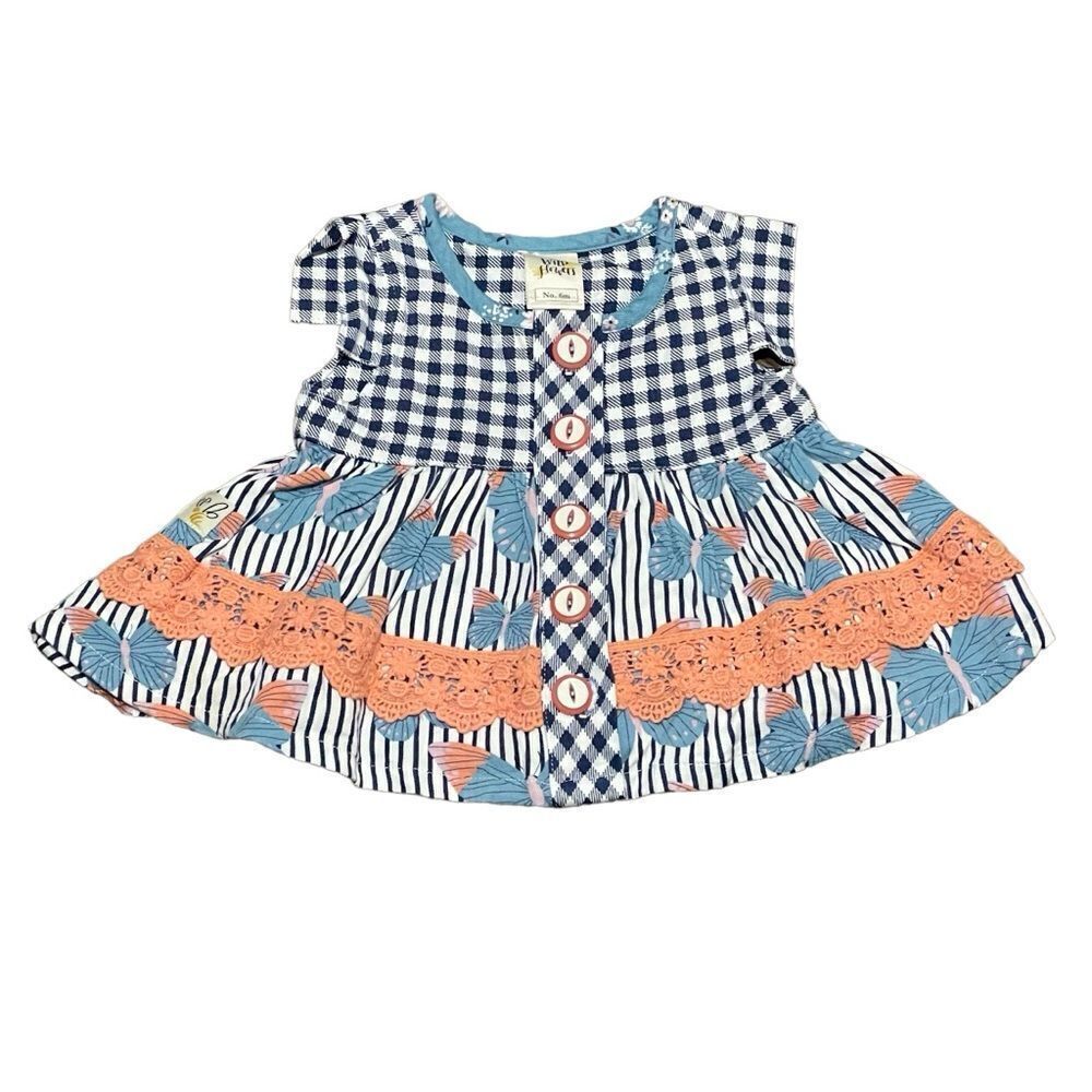 Wildflower Checkered and Striped Tunic Top or Dress Blue White Peach Sz 6 Months